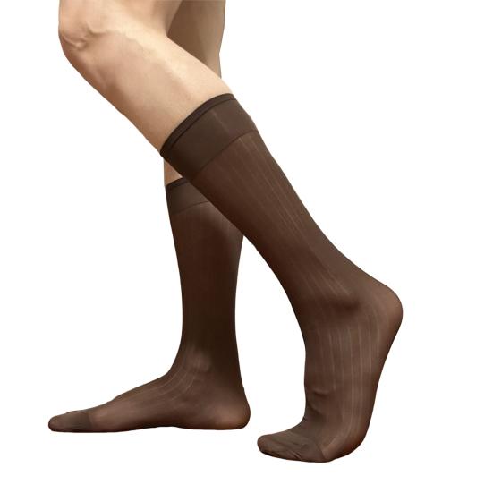 Herrensocken für den lässigen Business-Anzug, breite, gestreifte Nylonstrümpfe bis zur mittleren Wade, formeller Anzug, durchsichtige dünne Socken aus Kunstseide kaffeebraun