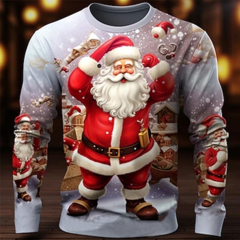 Grafik Santa Fashion Casual Herren 3D Druck T-Shirt T-Shirt Weihnachten T-Shirt Langarm Rundhals Shirt Frühling Herbst Kleidung 3XL