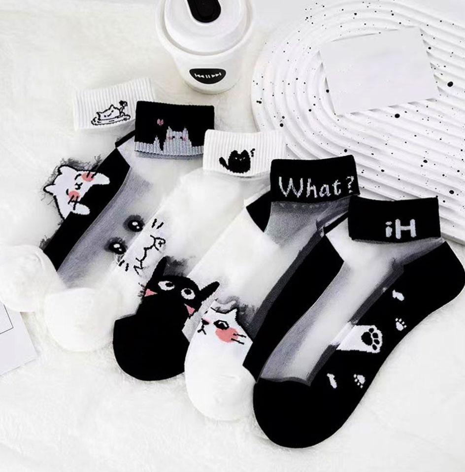 5 Paar Damen Sexy Socken Süße Katzen-Spitzensocken Nylon Anime Y2k Socken für Mädchen Schwarze Atmungsaktive Damen Socken Sets One Size schwarz
