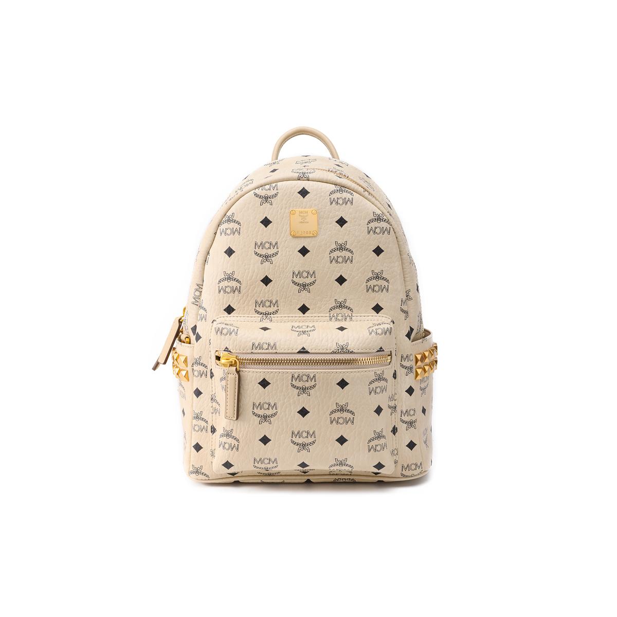 MCM Stark Klassisches Monogramm Beidseitig Nietenbesetzter Pendler Party Canvas Und Leder Rucksack Kleiner Unisex Rucksack Beige MMKAAVE15I8001 Basic Set (Bag+Dust Bag)