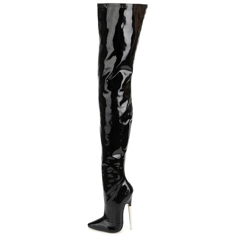 Schritthohe Stiefel JIALUOWEI 18 cm Super High Heel Stiletto Stiefel Frauen Lackleder Sexy Schwarz Stretch Oberschenkel Hohe Stiefel 41 schwarz
