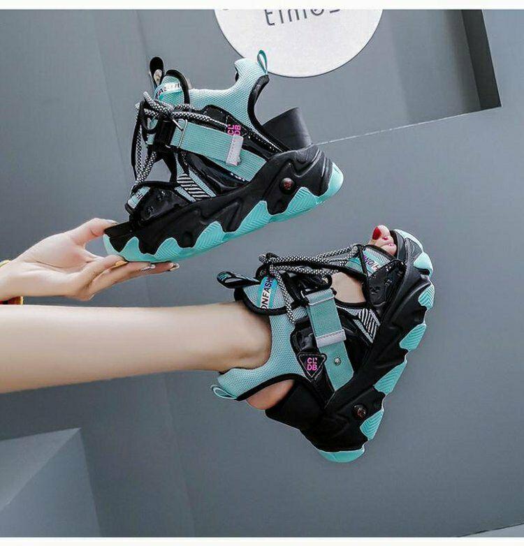 Freizeit Dame Plattform Chunky Sandalen Gemischte Farbe Schuhe Spitze Schnalle Punk Sandalen Frauen Offene spitze Strand Casual Schuhe Frau 39 blau