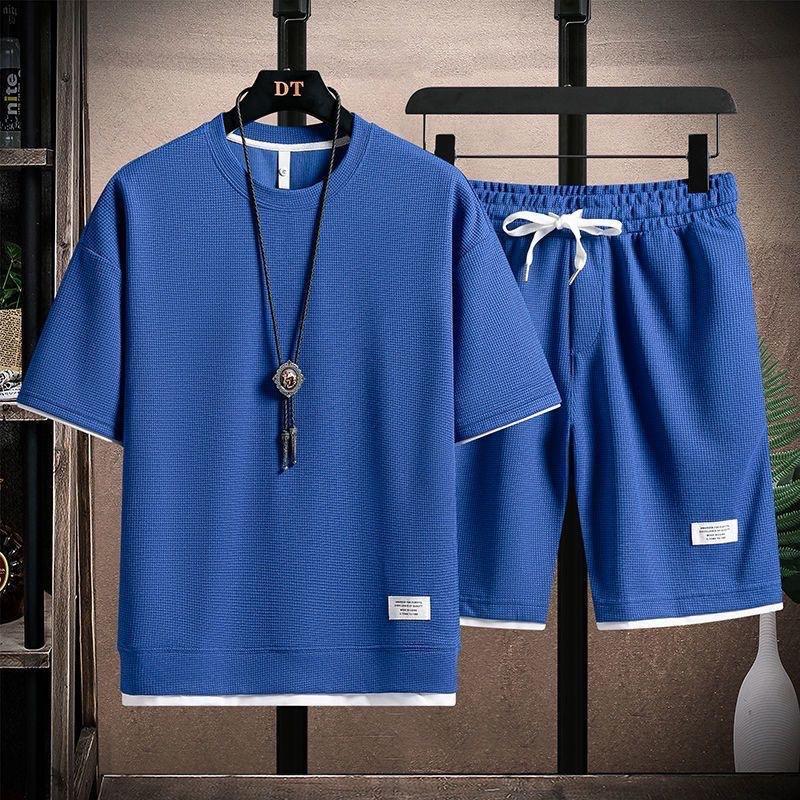 Herren Sommer Sets mit Waffelmuster, lässiges T-Shirt + Shorts Set, männlicher Sportanzug, einfarbig, Trainingsanzug, lockere Anzüge XXXXL blau