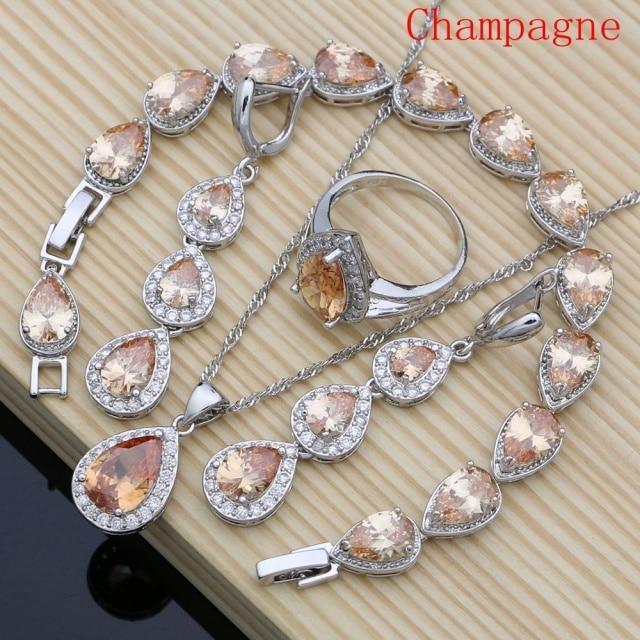 925 Sterling Silber Schmuck Weiß Cz Blau Zirkon Schmuck Sets Für Frauen Ohrringe/Anhänger/Halskette/Ringe/Armband 9.5 champagner