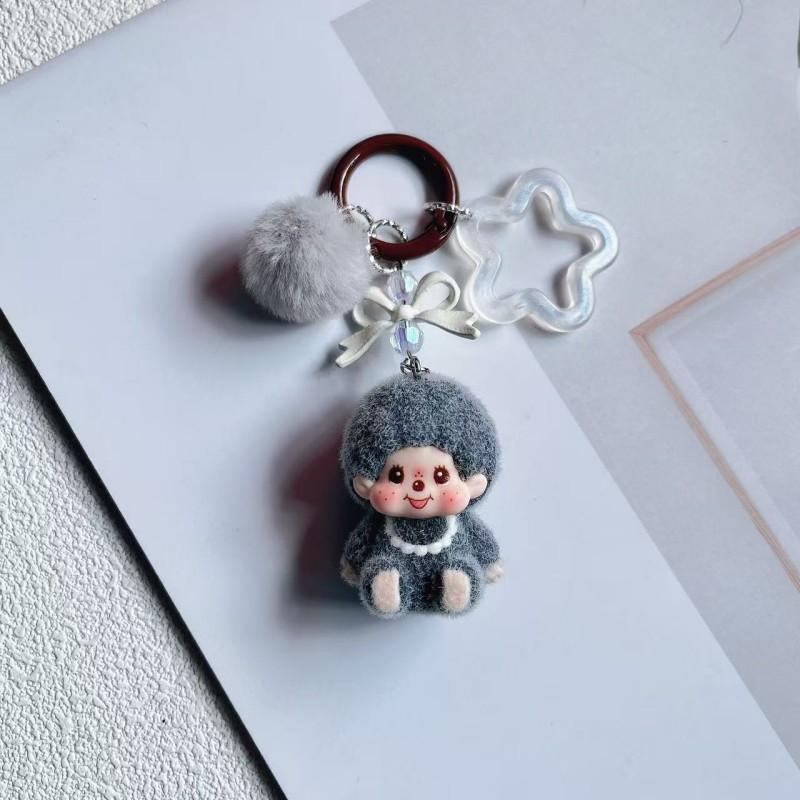 Beflockte Monchichi Schlüsselanhänger mit Schleife Niedlicher Monchichi Schlüsselanhänger Anhänger für Taschen Anime Taschen Anhänger Schlüsselring Mädchen Tasche Anhänger Geschenke gray