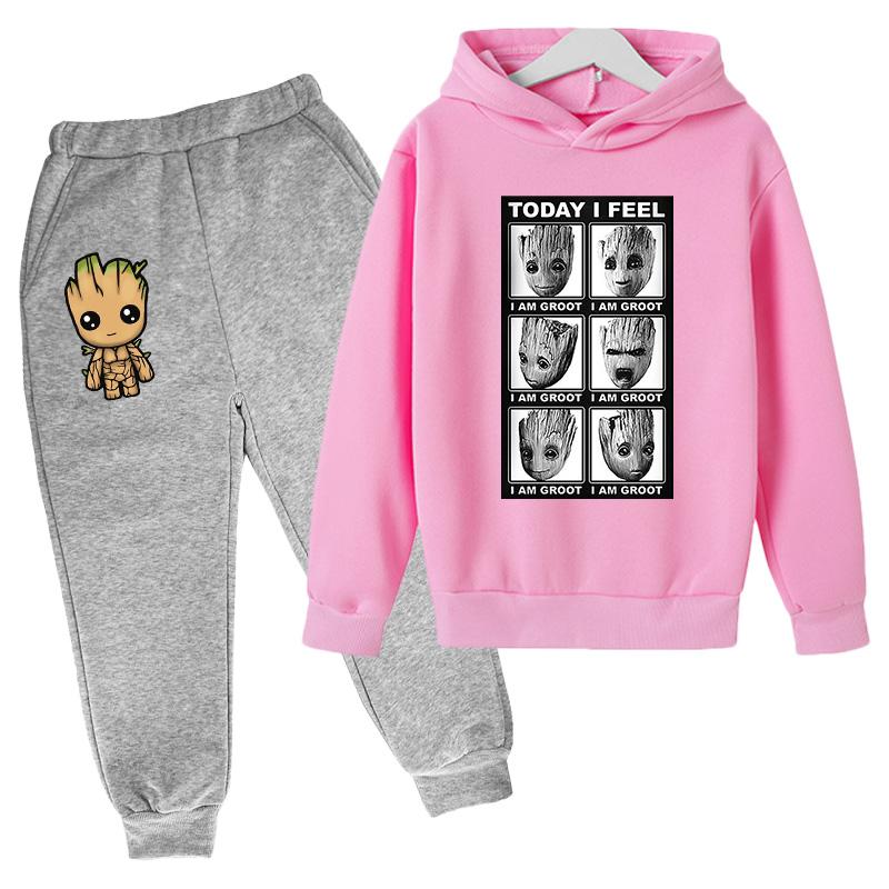 Kawaii Baby Marvel Groot Hoodie Kinder Mode Street Hoodie+Hosen Anzug Lässig Jogging Sweatshirt Ich Bin Groot Lustig Cartoon G 160 gelb