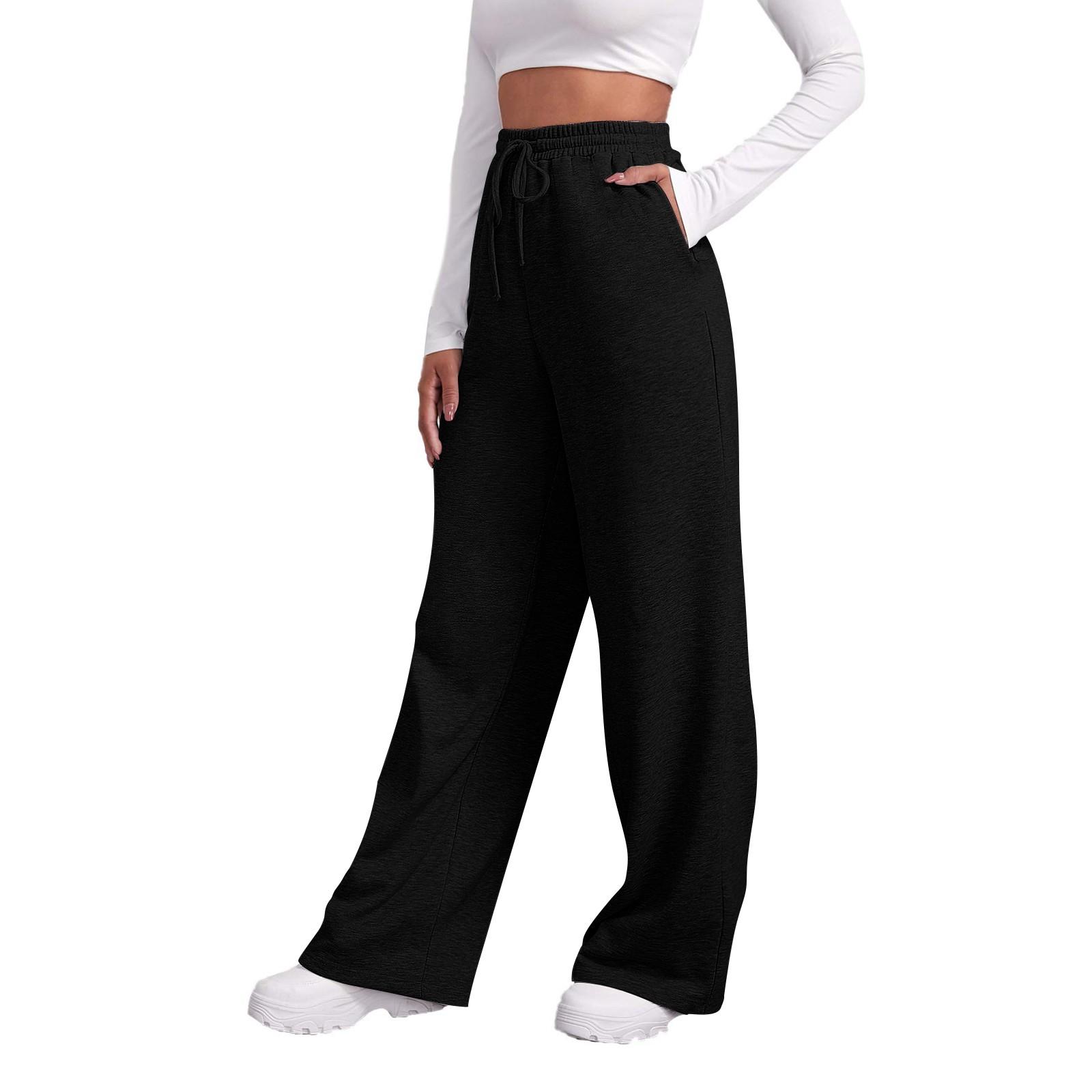 Damen-Winter-Jogginghose, einfarbig, Freizeithose, Damen-Fleece-Jogginghose, weites Bein, gerade Hose L schwarz