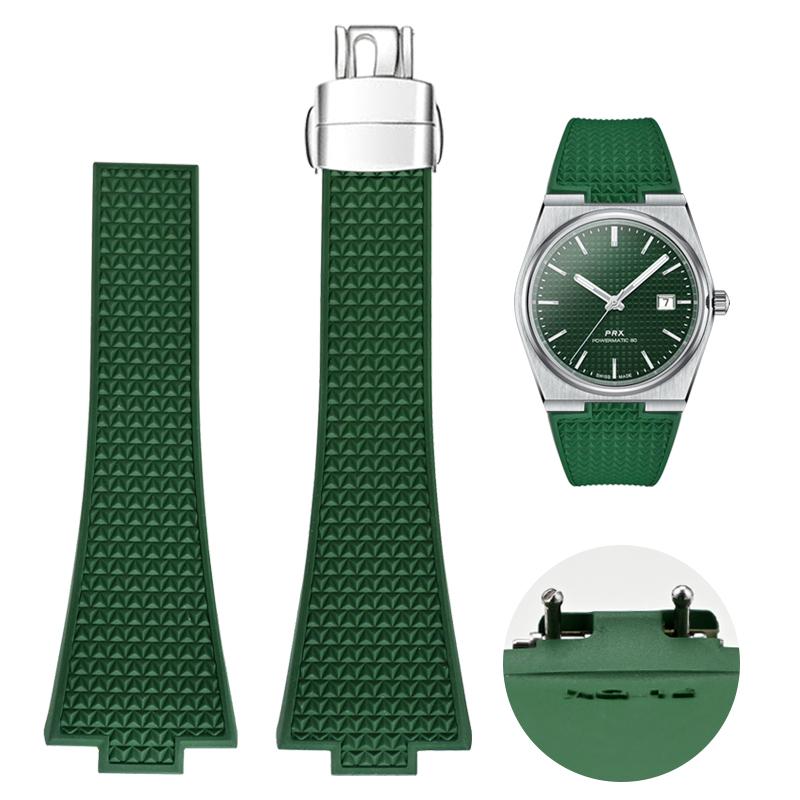 Für Tissot PRX T137 FKM Uhr 11mm 12mm Herren Damen Armband Fluorkautschuk Armband Schnellverschluss Faltschließe Armband 12mm grün