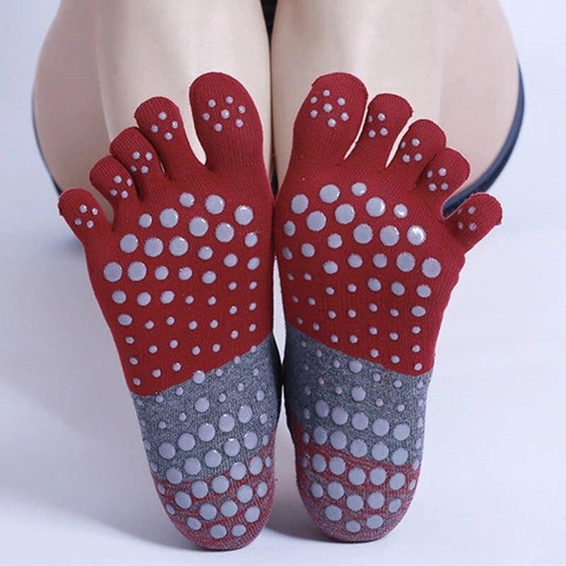 Fünf Finger Yoga Socken Silikon Anti-rutsch Baumwolle Pilates Socken Frauen Atmungsaktive Gym Fitness Running Dance Sport Socken wein rot