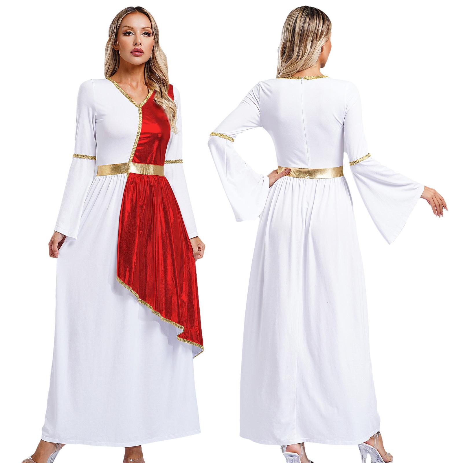 Frauen Römisch-Griechisch Schönheit Toga Kleid Königin Athene Kostüm Metallic Overlay Gold Trim Chor Anbetung Robe Halloween Cosplay Kostüm M rot