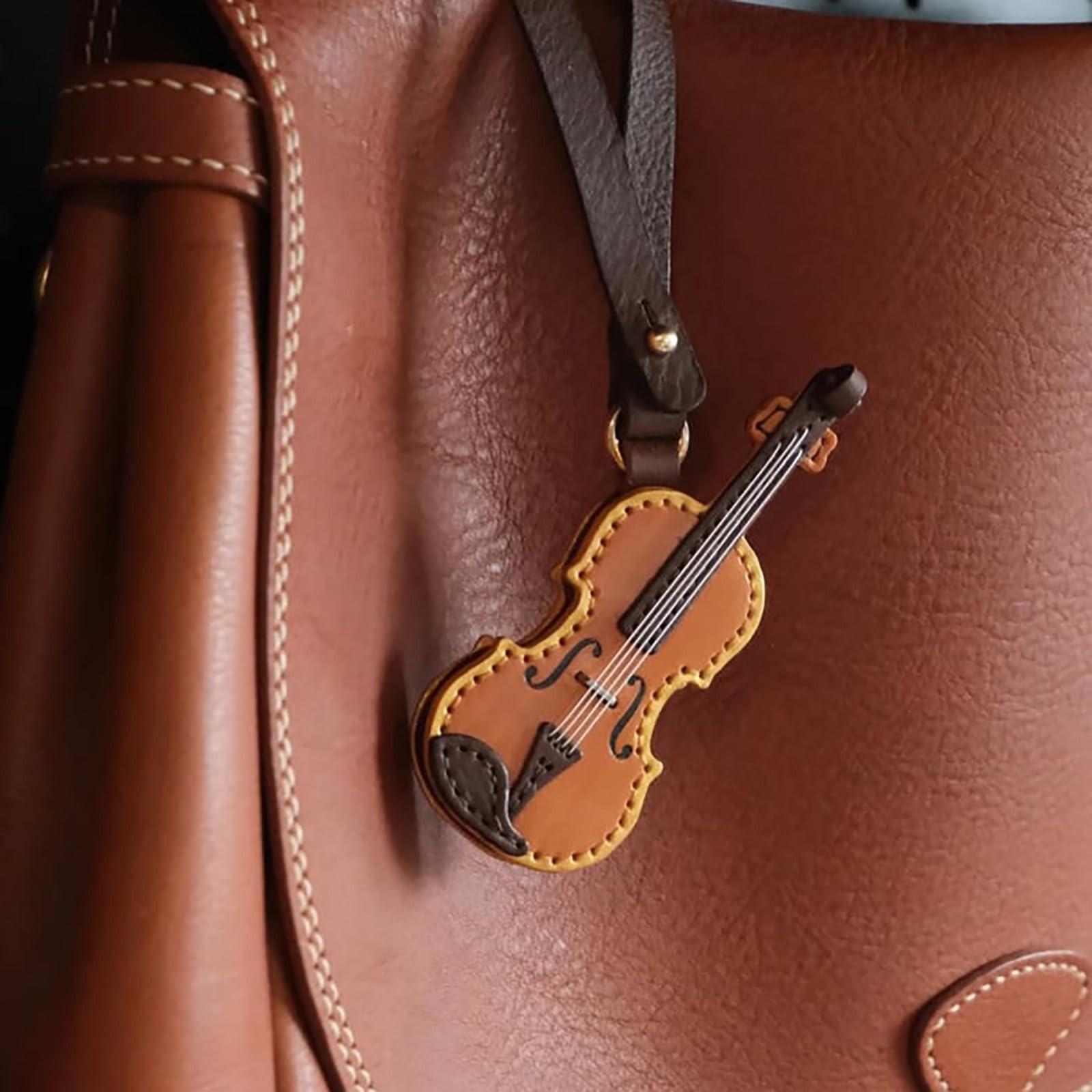 Handgefertigter Leder Violin & Cello Schlüsselanhänger, Musikinstrument Schlüsselanhänger, Miniatur Musik Geige Anhänger Schlüsselanhänger für Musikliebhaber One Size braun