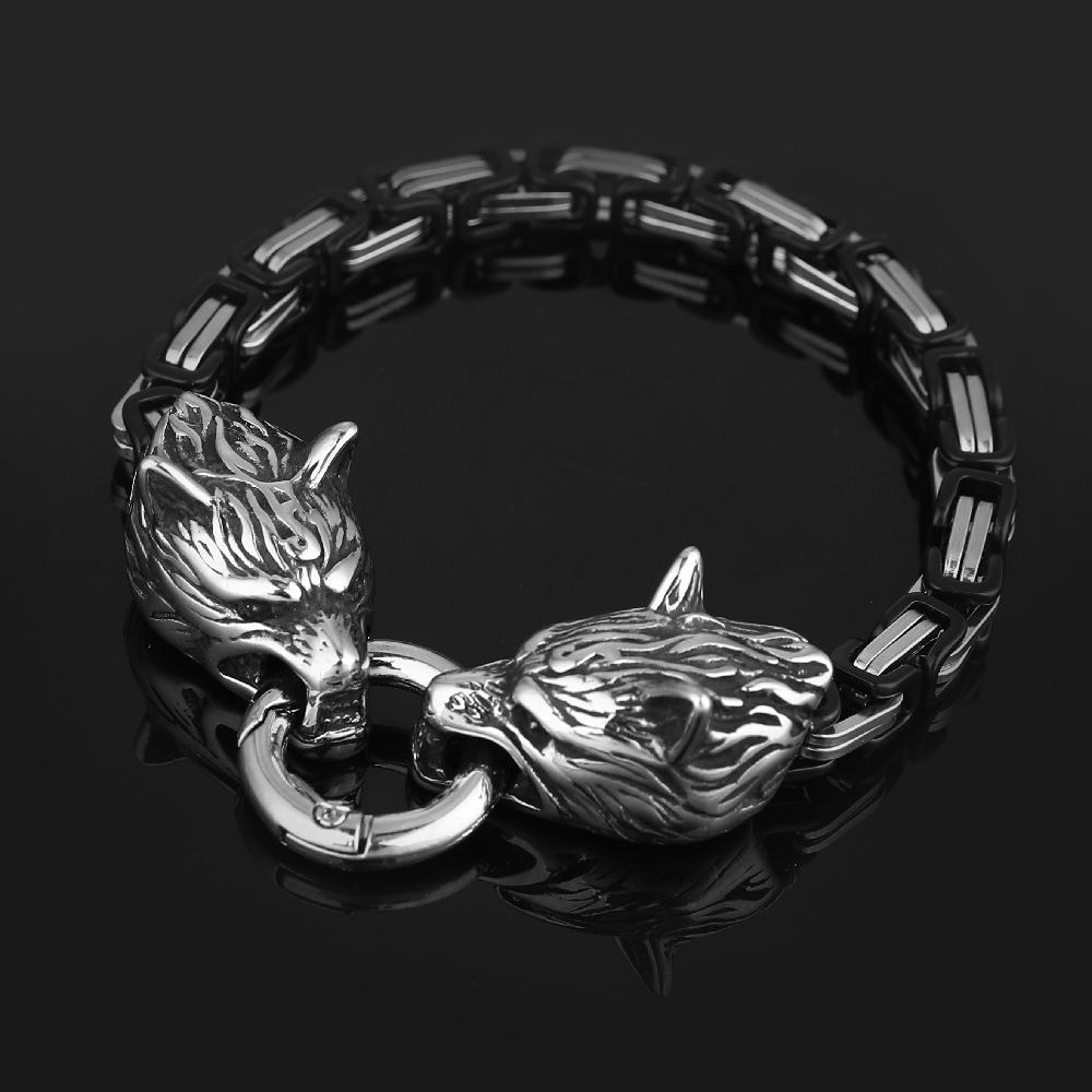 Nordisches Wikinger-Armband mit keltischem Wolfskopf, Herren-Armband aus Edelstahl, Odin-Wolf-Armreif, Amulett, verblasst nie in Goldfarbe, Königskette, Rock-Schmuck 21cm black
