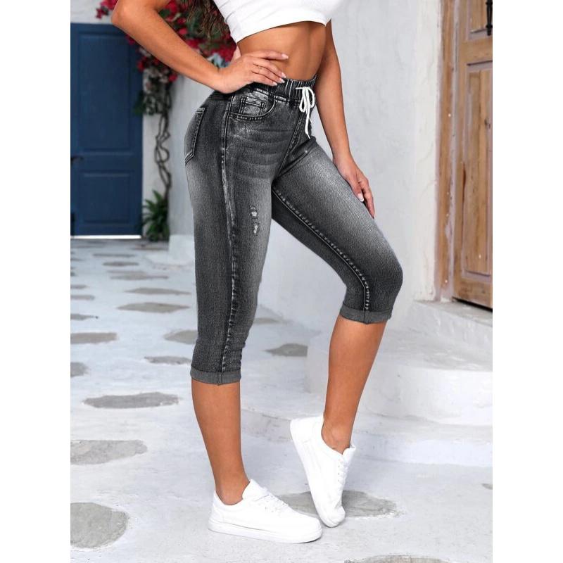 Damenjeans mit elastischem Bund und Kordelzug High-Waist Ripped Damen High-Stretch Denim Shorts Vielseitiger und lässiger Stil L schwarz