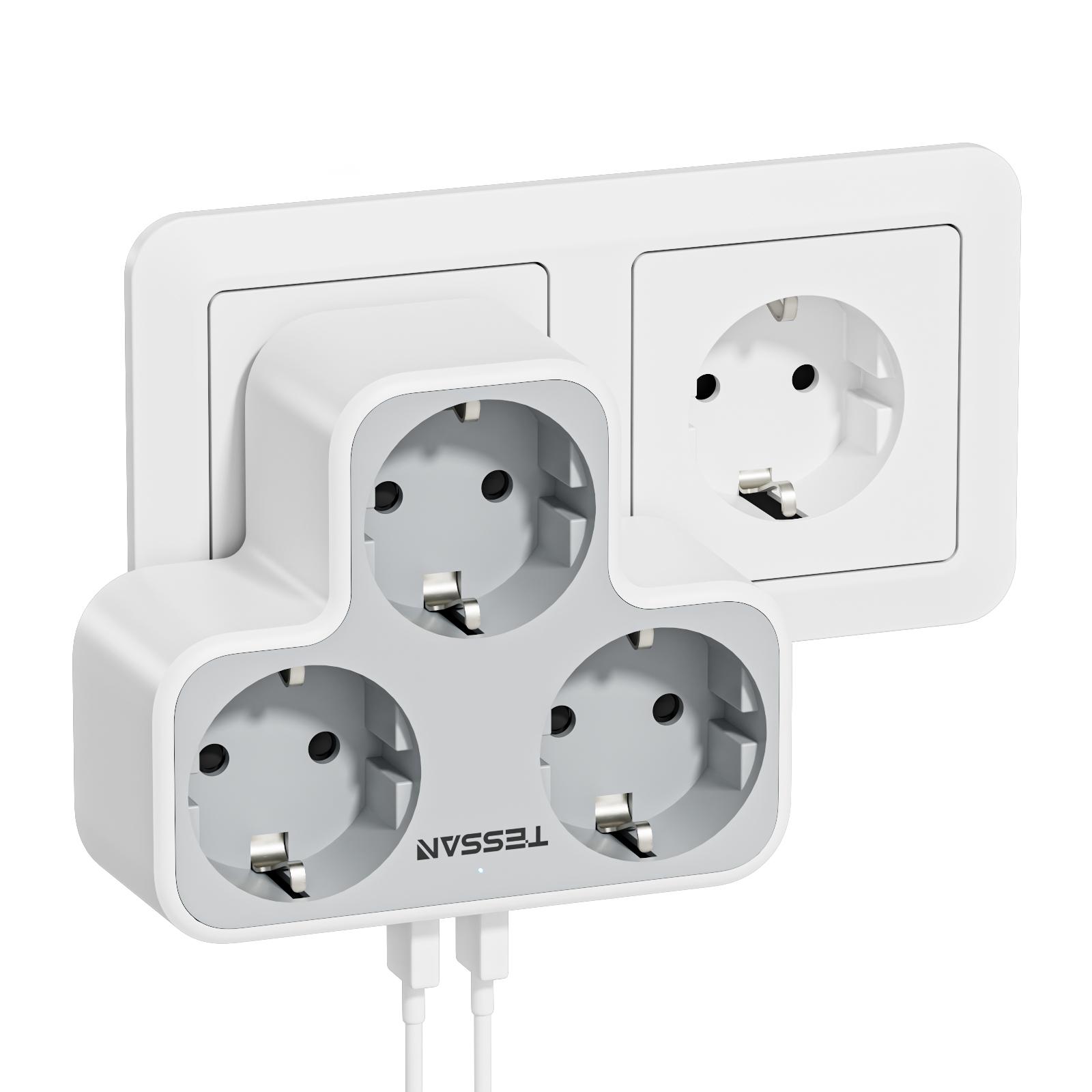TESSAN 3-fach Steckdosenleiste, 5-in-1 Steckdosenleiste, Steckdosenleiste für Zuhause und Büro, kompatibel mit Telefon und Laptop 3 Outlet & 2 USB Ports graue