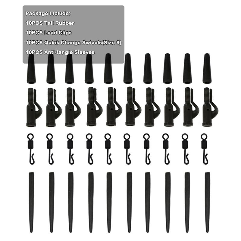40x Karpfenangeln Zubehör Sicherheitsbleiclips Schwanzgummikegel Anti-Verwicklungshülse Schnellwechselwirbel für Angelgerät