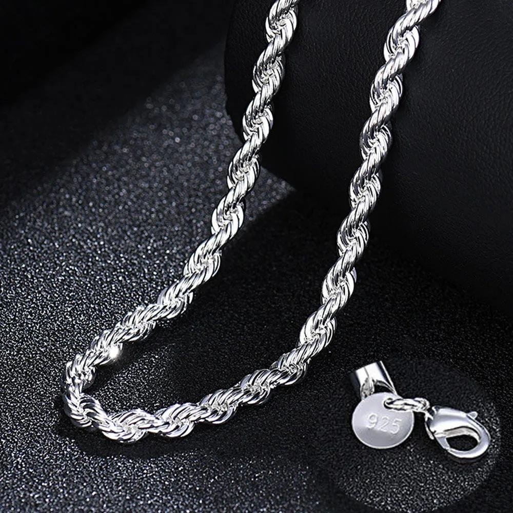 Neue 925 Silber 4MM Damen Herren Kette Männlich Gedrehte Seil Halskette Mode Silberschmuck 55cm black