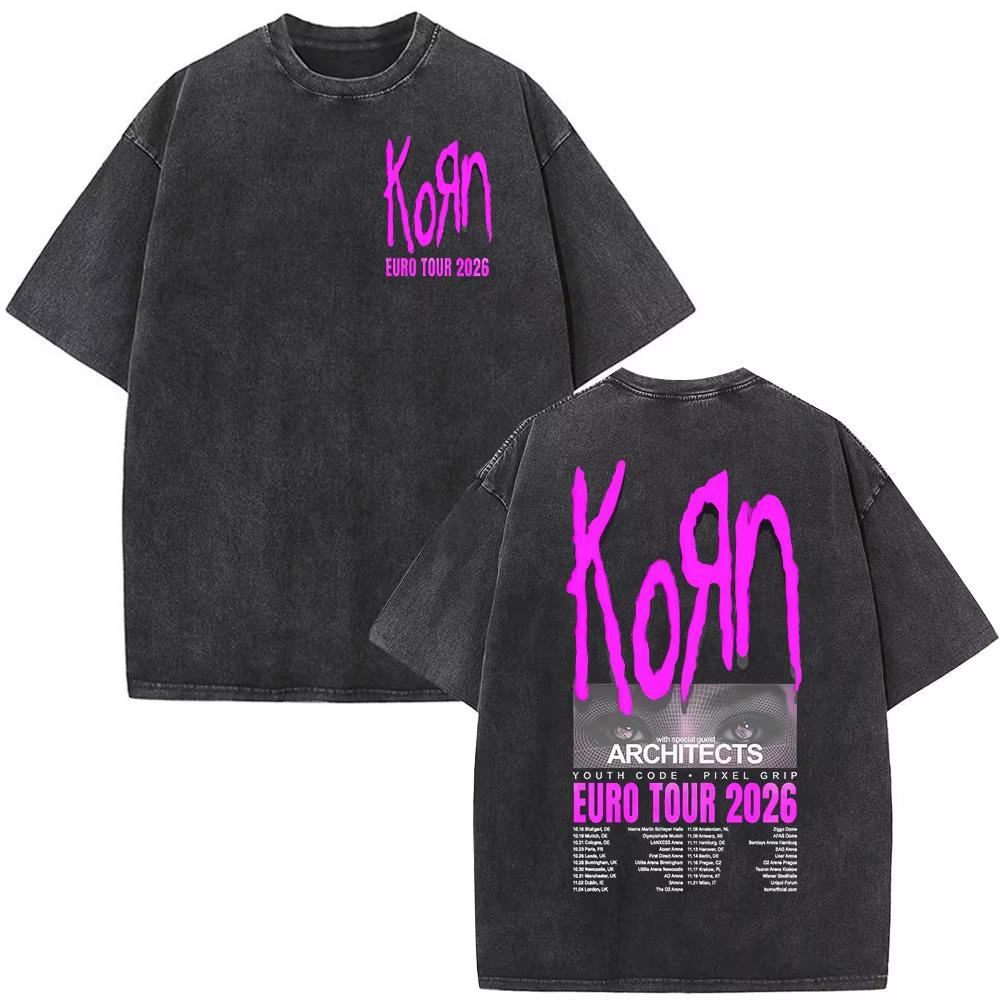 2026 Korn Tour 2026 Merch Vintage Washed T-Shirt Fan Geschenke Metal Gothic Rock Band T-Shirts Herren Damen Lässiges Übergroßes Kurzarm-T-Shirt Lockeres Tee XXL purple