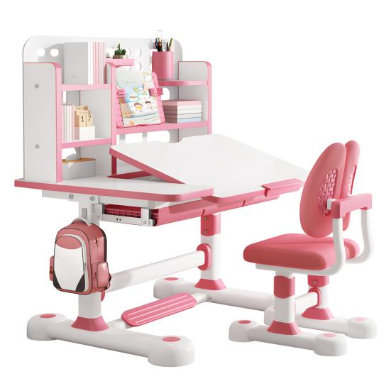 Kinder Schreibtisch und Stuhl Set Höhenverstellbarer Schreibtisch und Stuhl Set mit Bücherregal und Aufbewahrungsschublade 50 Grad neigbare Tischplatte Studiertisch rosa