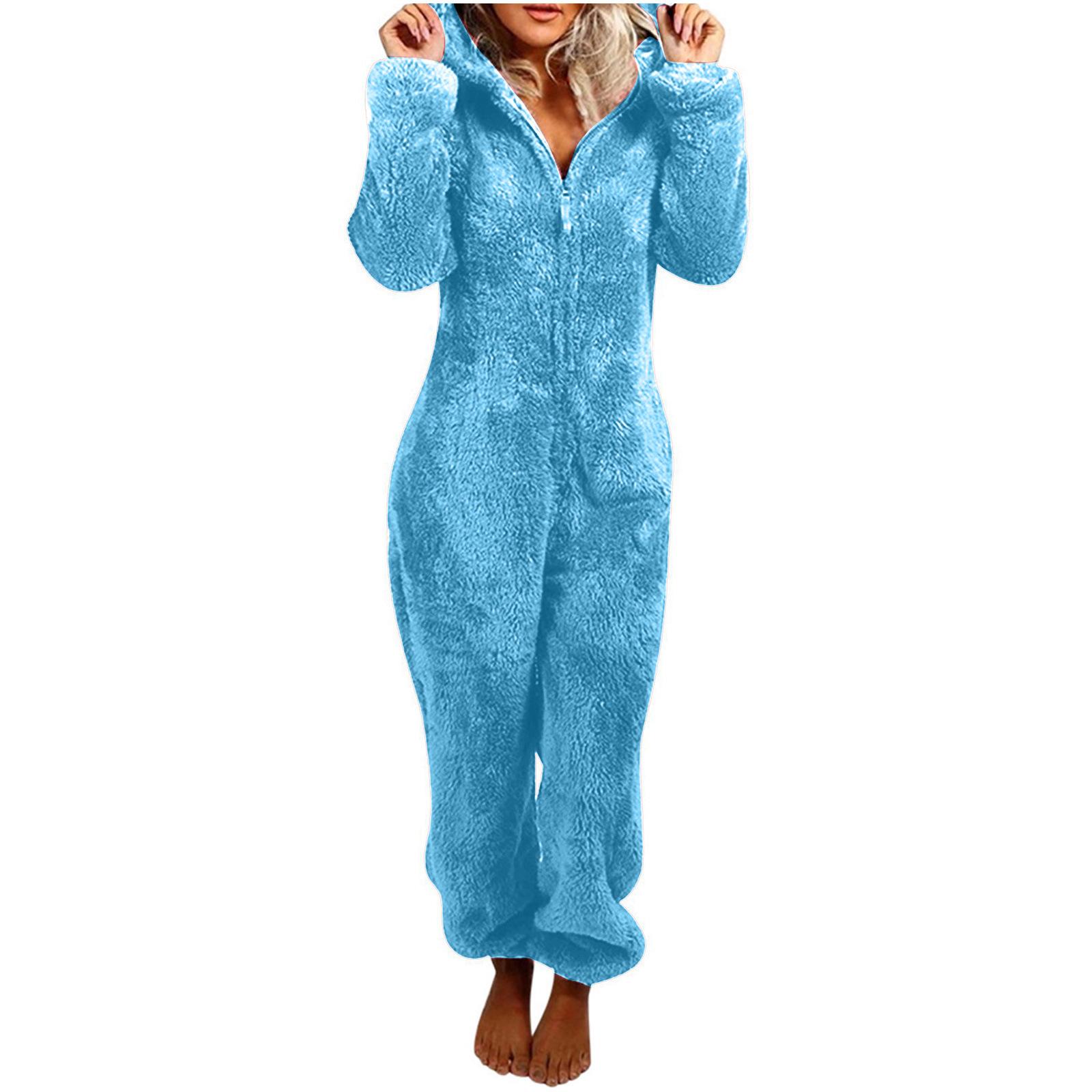 Modischer Onesies-Schlafanzug aus Fleece, Nachtwäsche, Overall, Übergröße, Kapuzen-Set, Schlafanzug für Damen und Erwachsene, für den Winter, warmer Pyjama für Damen XXXL blau