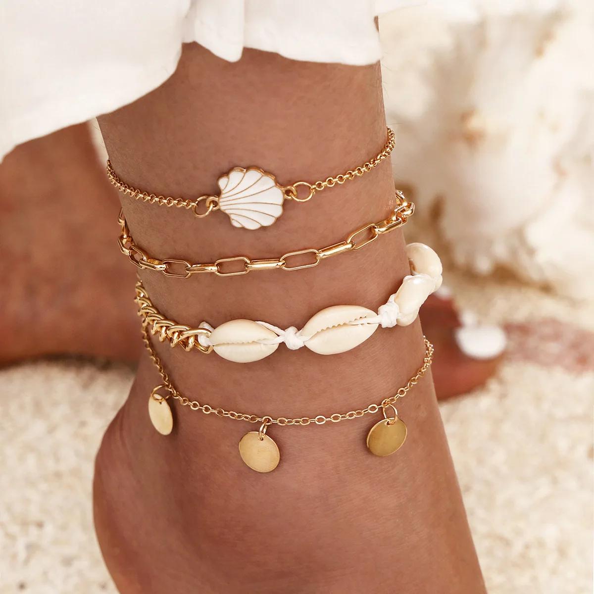 4 teil/satz Böhmen Shell Kette Fußkettchen Sets Für Frauen Pailletten Knöchel Armband Auf Bein Fuß Trendy Sommer Strand Schmuck Geschenk