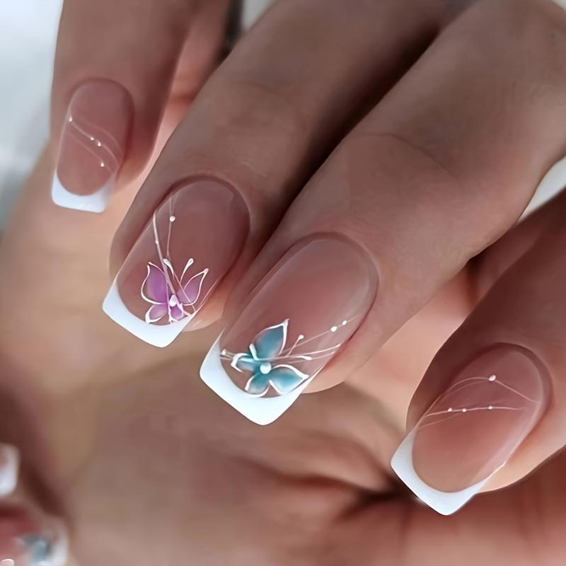 24 Stück/Set rosa Schmetterling zum Aufdrücken der Nägel, mittelgroß, quadratisch, weiß, französische Spitze, künstliche Nägel, glänzende Streifen, Acrylnägel, eleganter Stil, zum Aufkleben der Nägel Style One