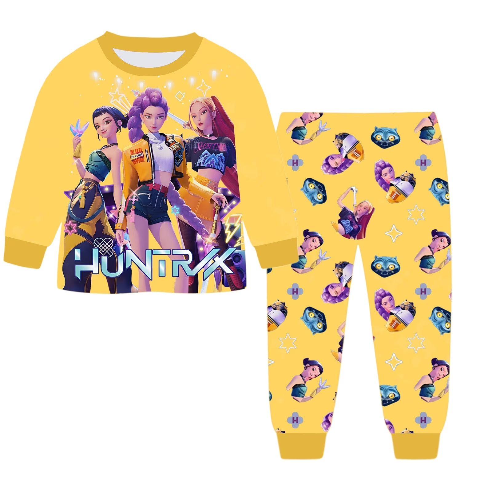 Anime Kpop Dämonenjäger Zoey Kostüm Herbst Pyjamas für Kinderbekleidung 3-14 Jahre Kinder Huntrix Rumi Mädchen T-Shirt Hosen Sets 150(10-12Years) gelb