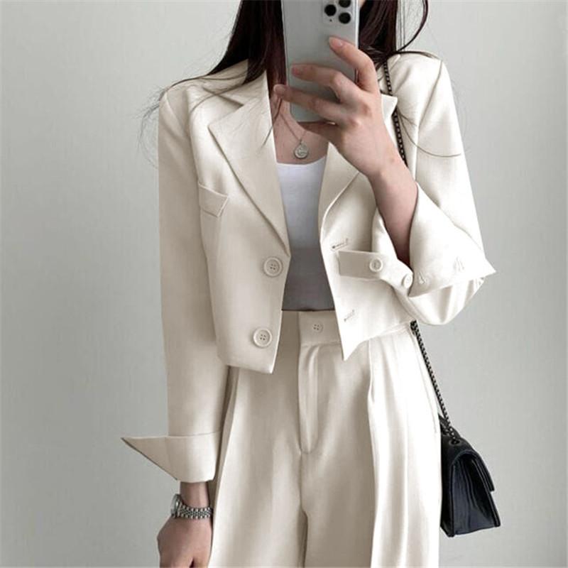 Damen Business Arbeits Blazer Set Langarm Cropped Blazer Bleistifthose Anzug Bürodame Zweiteiliges Set Trainingsanzüge Lässige Outfits L beige