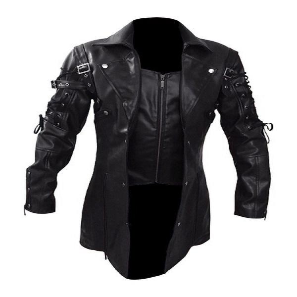 Neue Steampunk Herren Gothic Trenchcoat Lederjacke Punk Style Biker Jacke Herbst Winter Motorradjacke M schwarz
