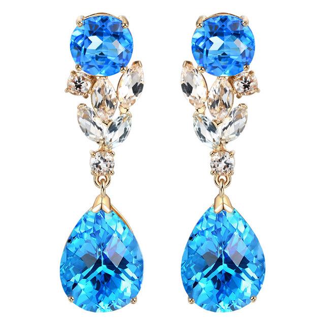 Echter 14-Karat-Goldschmuck, natürlicher Saphir-Edelstein-Tropfenohrring für Frauen, trendige Aros-Muje-Oreja, 14-Karat-Gelbgold-Orecchini-Mädchen blau