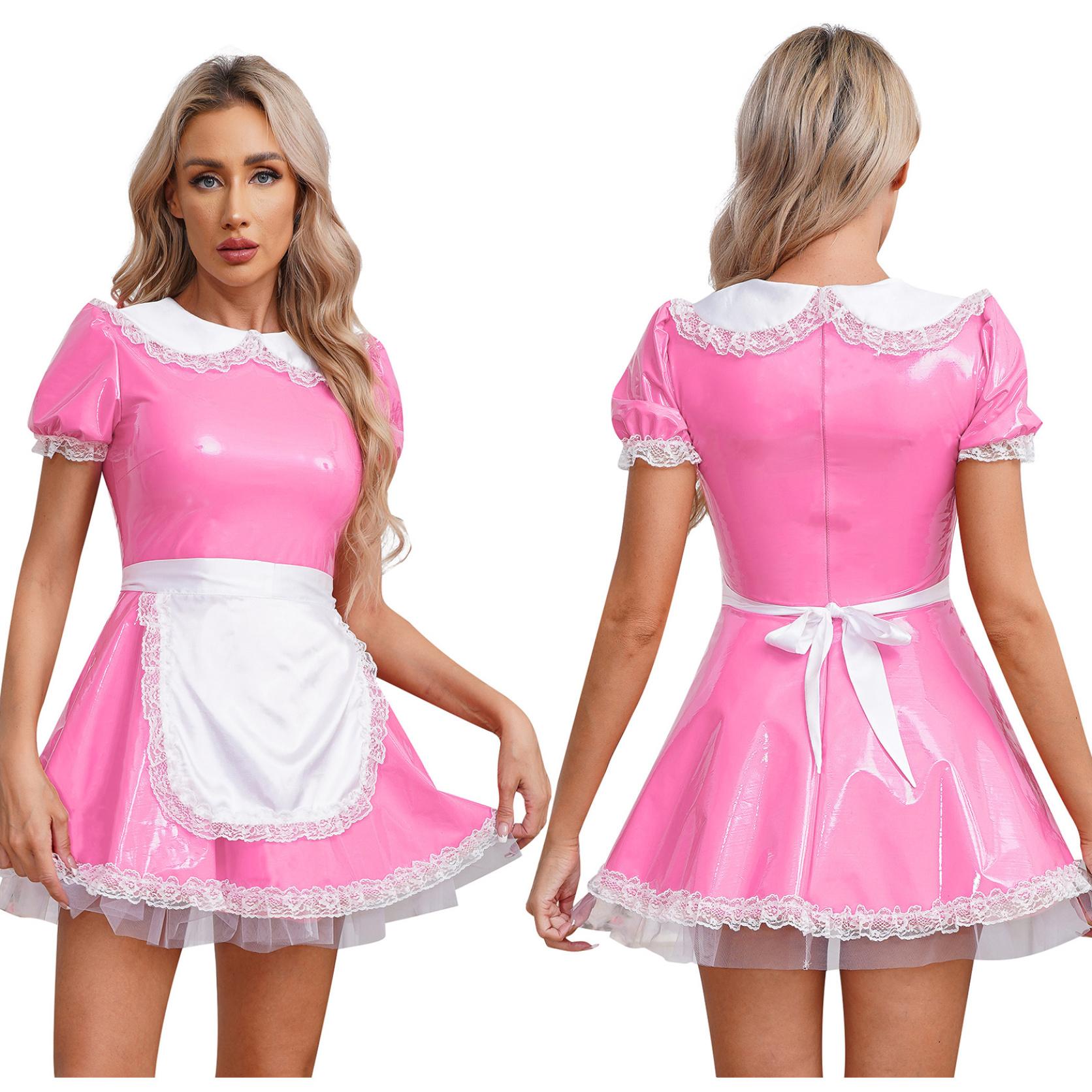 Damen-Diener-Cosplay-Französisches Dienstmädchen-Kostüm, Latex, A-Linie, Minikleid, Karneval, Mottoparty, Verkleidungskostüm mit Schürze L rosa