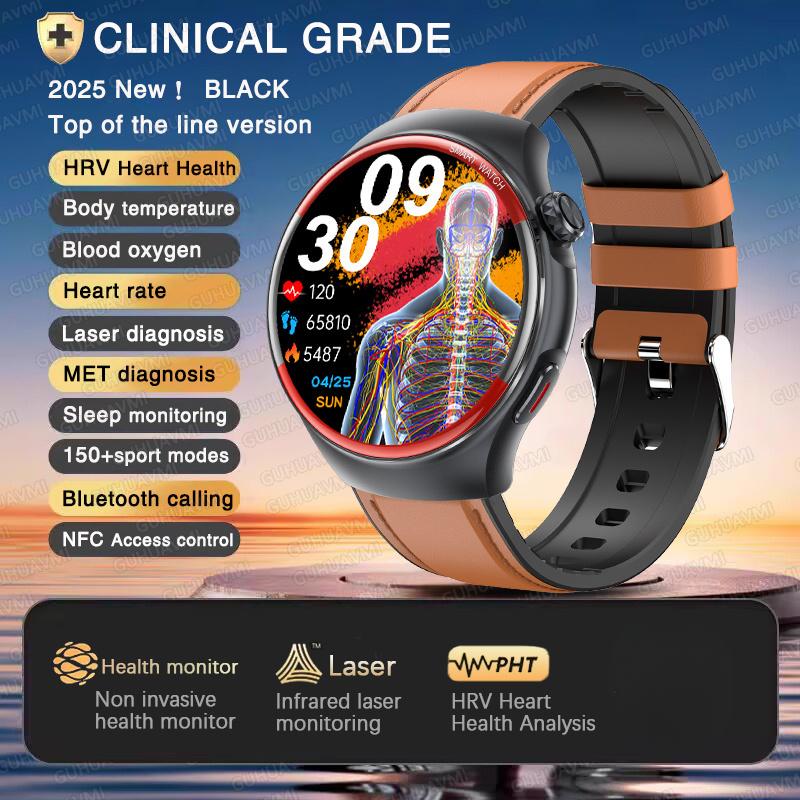2025 Neue Krankenpflege Gesundheit Laser Heilung Blutdruck Smartwatch Herren Herzfrequenz Puls Schlaf Bluetooth Anruf Körpermonitor Smartwatch Brown Leather