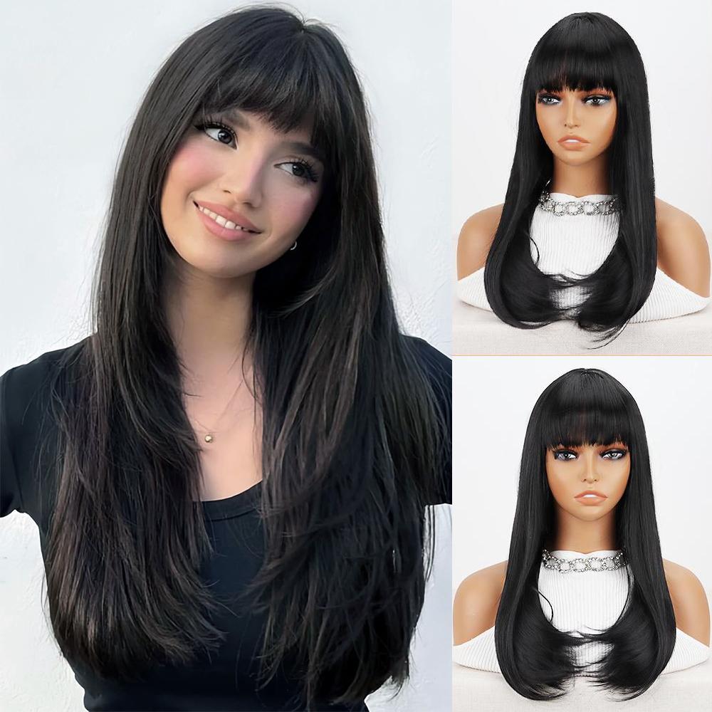 MISSQUEEN Synthetische Lange Gerade Perücke mit Pony Hochgestuft Alltagsperücken für Frauen Tägliche Party-Nutzung Hitzebeständige Perücken 60CM