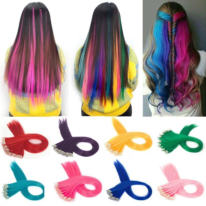 Mehrfarbiges Haarteil, glatte Haarverlängerung, Haarteile, Clip-in-Haarverlängerung, 55 cm Random