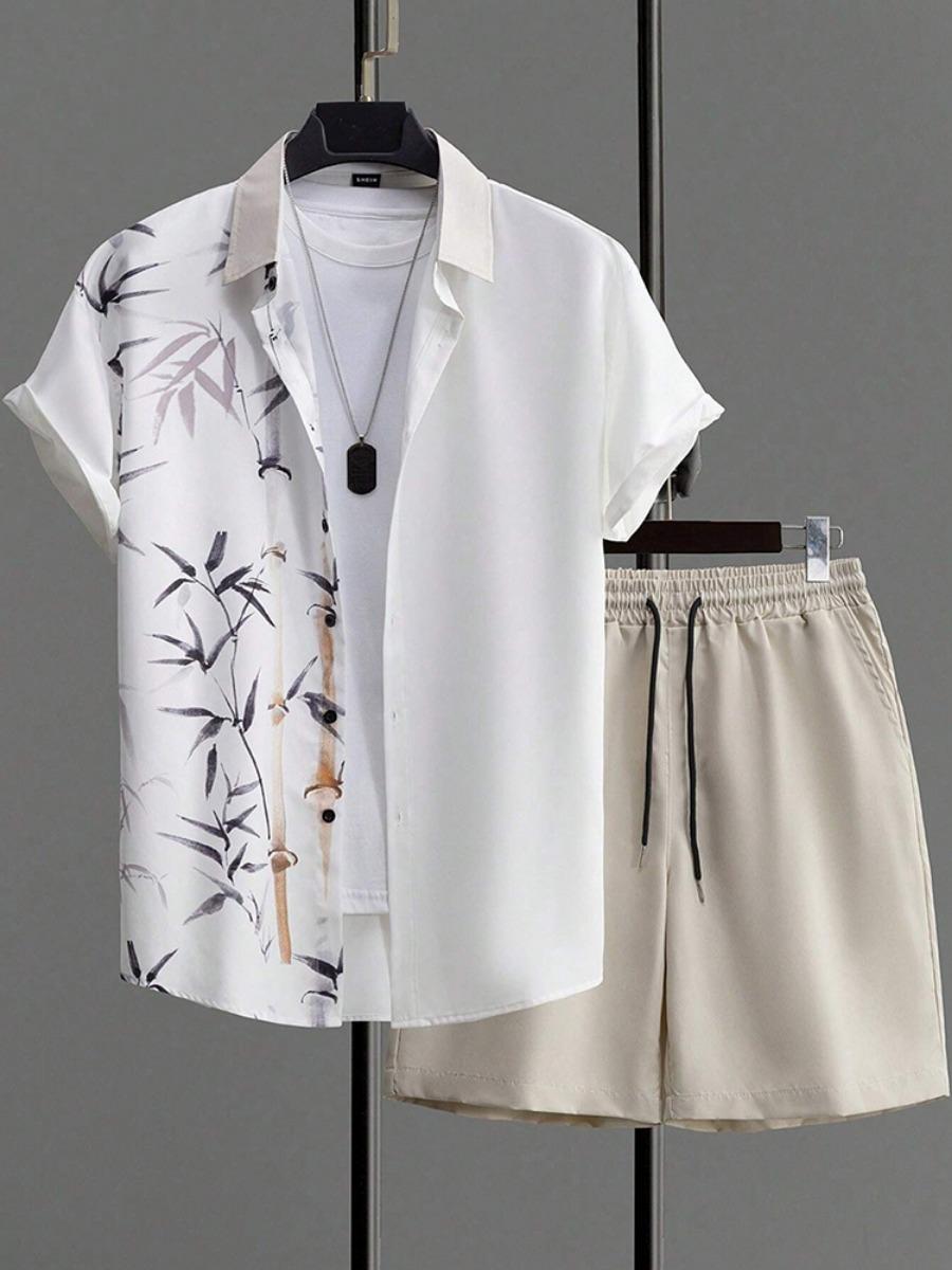 Herrenhemd-Sets Vintage Streifen Blatt Revers Kurzarm Freizeithemd Badeshorts Sommer Streetwear Hawaiianische Anzüge Lockere Kleidung 3XL