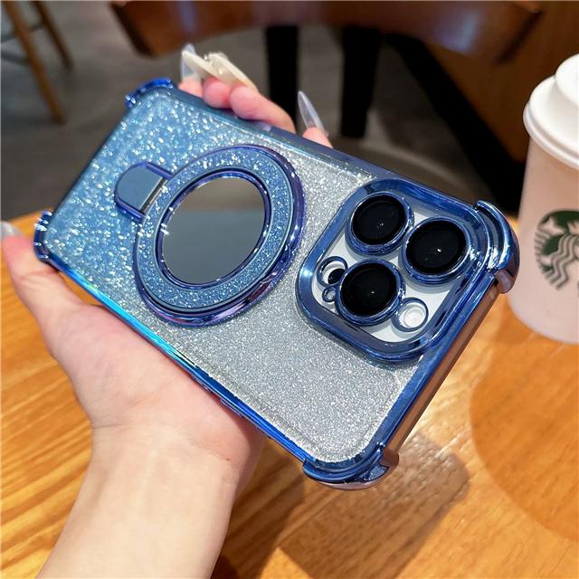 Für iPhone 16 Pro Max Luxus Spiegel Glitzer Halter Beschichtung Rahmen Handyhülle Für iPhone 16E 11 12 13 14 15 Plus Blitz Ständer Hülle iPhone 15 Plus gray
