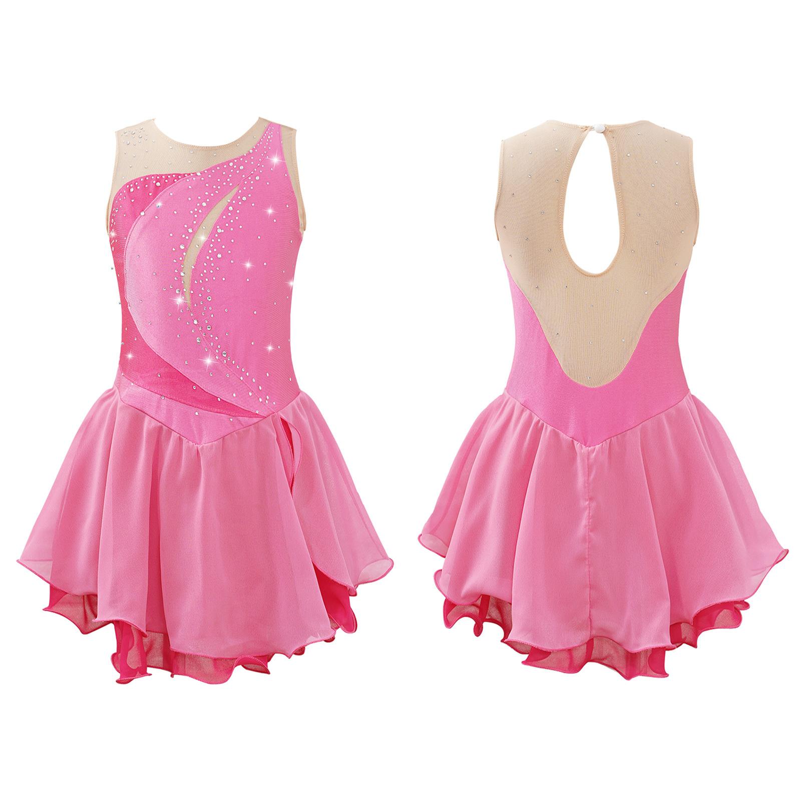 Kinder Mädchen Eiskunstlauf Kleid ärmellos Strass Wettbewerb Kostüme Ballett Tanz Tutu Rock 7-8 Years rosa