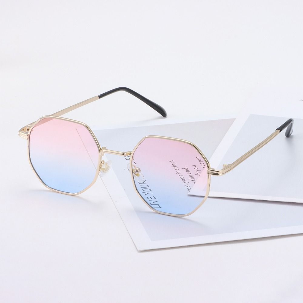 Vintage Kleine Metallrahmen Herren Sonnenbrille Sechseckige Sonnenbrille für Damen Polygon Sonnenbrille Shades Gold-Pink blue