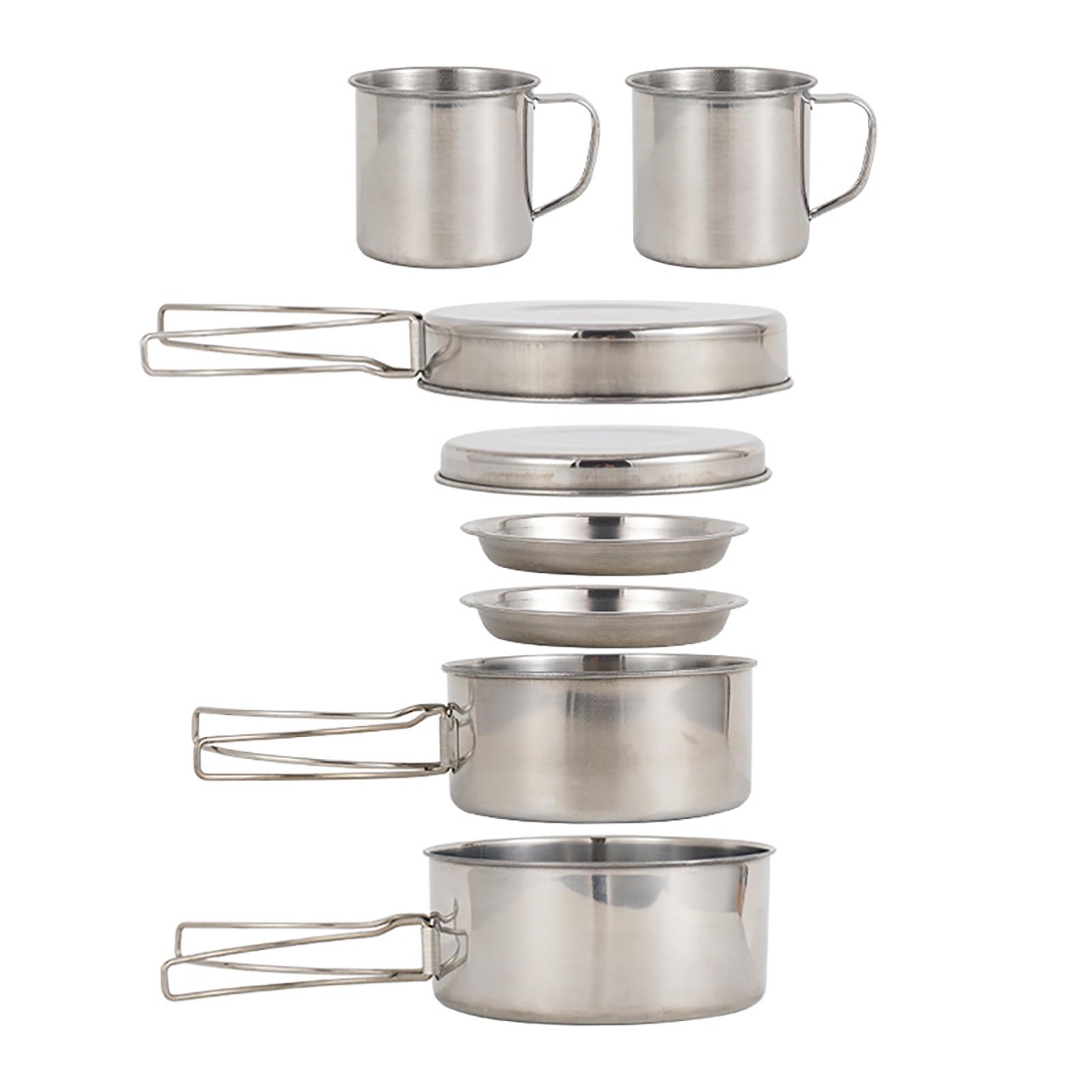Camping-Kochgeschirr-Set, 8-teilig, Edelstahl-Kochtopf- und Pfannenset mit Tellern und Tassen für Outdoor-Camping, Wandern, Rucksackreisen 8pcs set