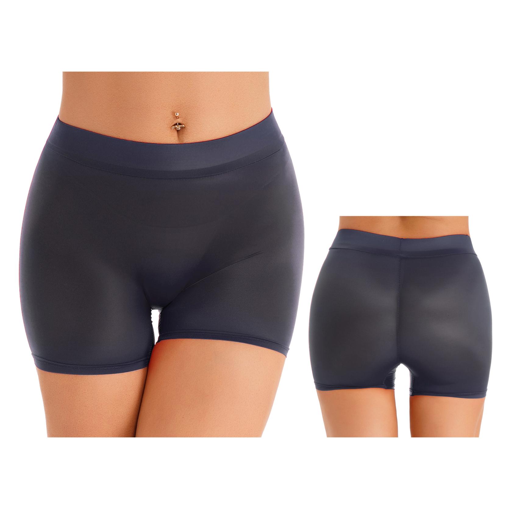 Halbdurchsichtige Damen-Shorts, glänzend, dehnbar, kurze Hose mit niedrigem Bund, Unterwäsche, Nachtwäsche One Size dunkelgrau