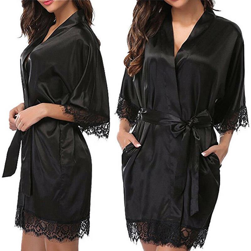 Damen-Sommer-Sexy-Nachthemd, schlichte Seiden-Satin-Roben, Braut, Hochzeit, Brautjungfer, Brautkleid, Bademantel schwarz