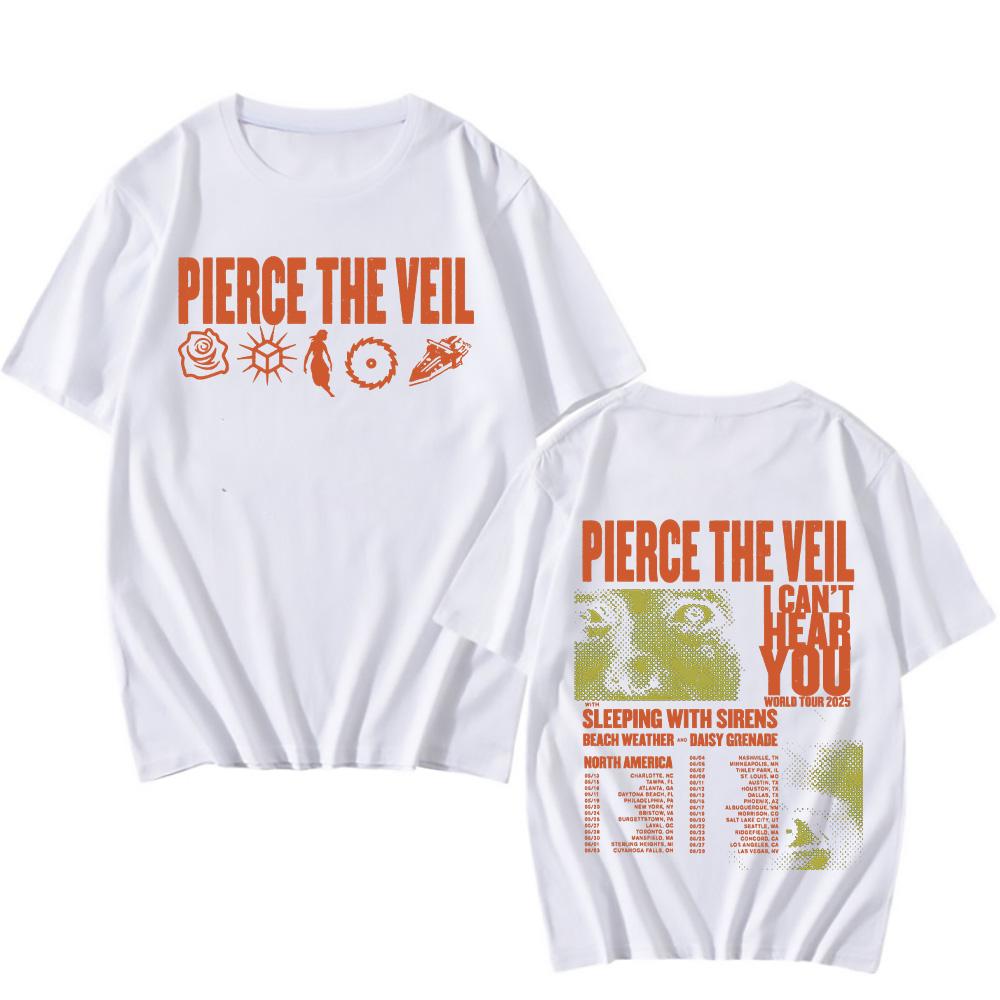 Pierce The Veil I Can't Hear You World Tour T-Shirts Unisex Beidseitig bedruckte Baumwoll-T-Shirts Herren Damen Musik-T-Shirts Rockband Punk Tops L weiß