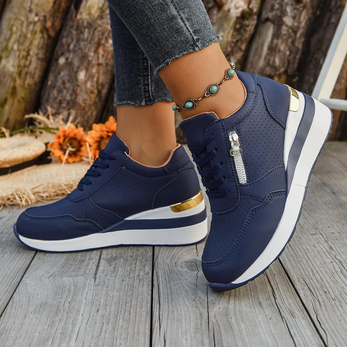 Damen Sneaker Übergröße Mode Keilabsatz Sneaker Damen Schnürer Plateau Sportschuhe Frau Leicht Rutschfest Freizeitschuhe 36 blau