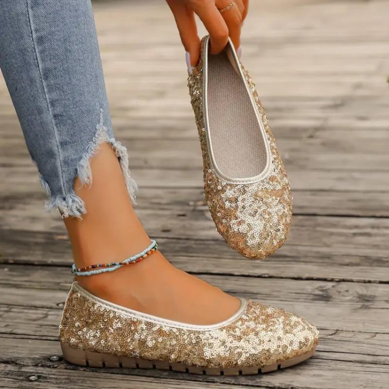 Mode Damen Flats Herbst Elegant Komfort Lederschuhe Casual Runde Zehenpartie Flache Sneakers Mode Glitzer Boot Slipper Zapatos De Mujer 39 gold