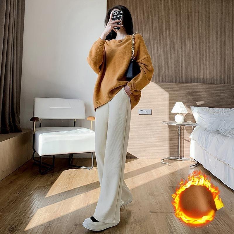 Gepolsterte Verdickte Weitbeinige Hose Damen Herbst und Winter Große Größe Hose Locker Hohe Taille Lässige Cordhose Gerade Hose Damen XXL weiß