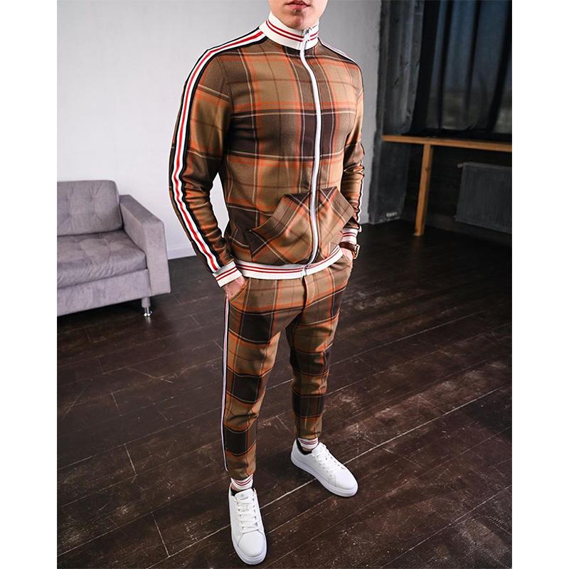 Herbst Casual Herren Europäische und amerikanische Herren Sportanzug Plaid Reißverschluss Hemd Jacke Hose Zweiteiliger Anzug L braun