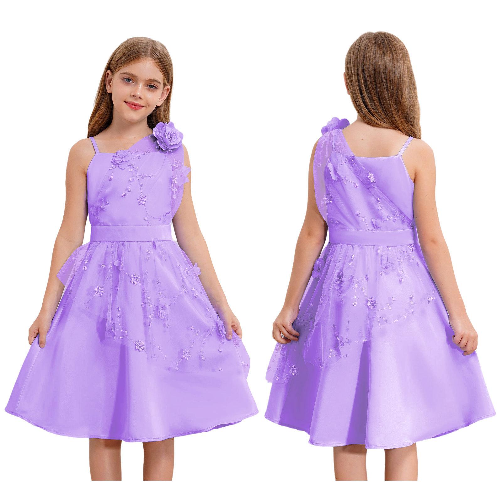 Blumenmädchen Geburtstag Tüllkleid Strass Hochzeitsparty Kinder Blaues Kleid Elegant Schick Schleife Neckholder Ärmellos Abendkleid 5-6 Years violett