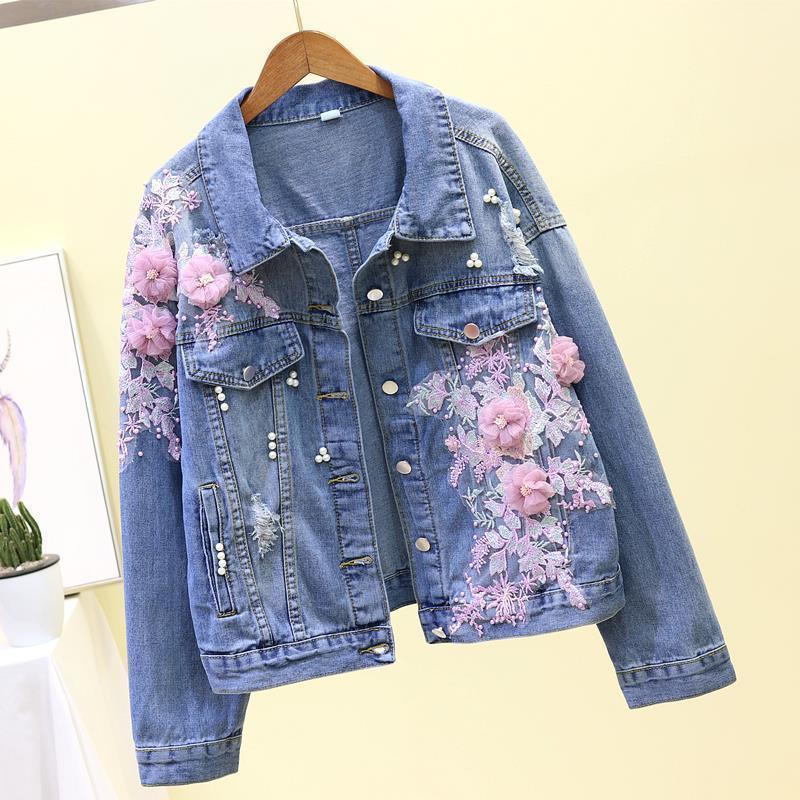 3D-bestickte Jeansjacke, dreidimensionale Blumen-Perlenloch-Jeansjacke, lockere kurze Jacke für Damen, Vintage-Jeans-Cardigan 2XL rosa