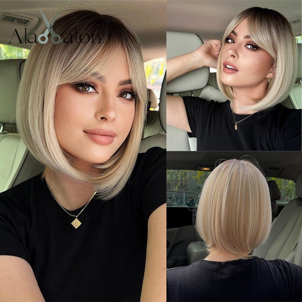 ALAN EATON Kurze Ombre Blonde Perücken Gerade Bob Blonde Perücken Mit Pony Tägliche Synthetische Perücken Natürliches Hochtemperaturhaar