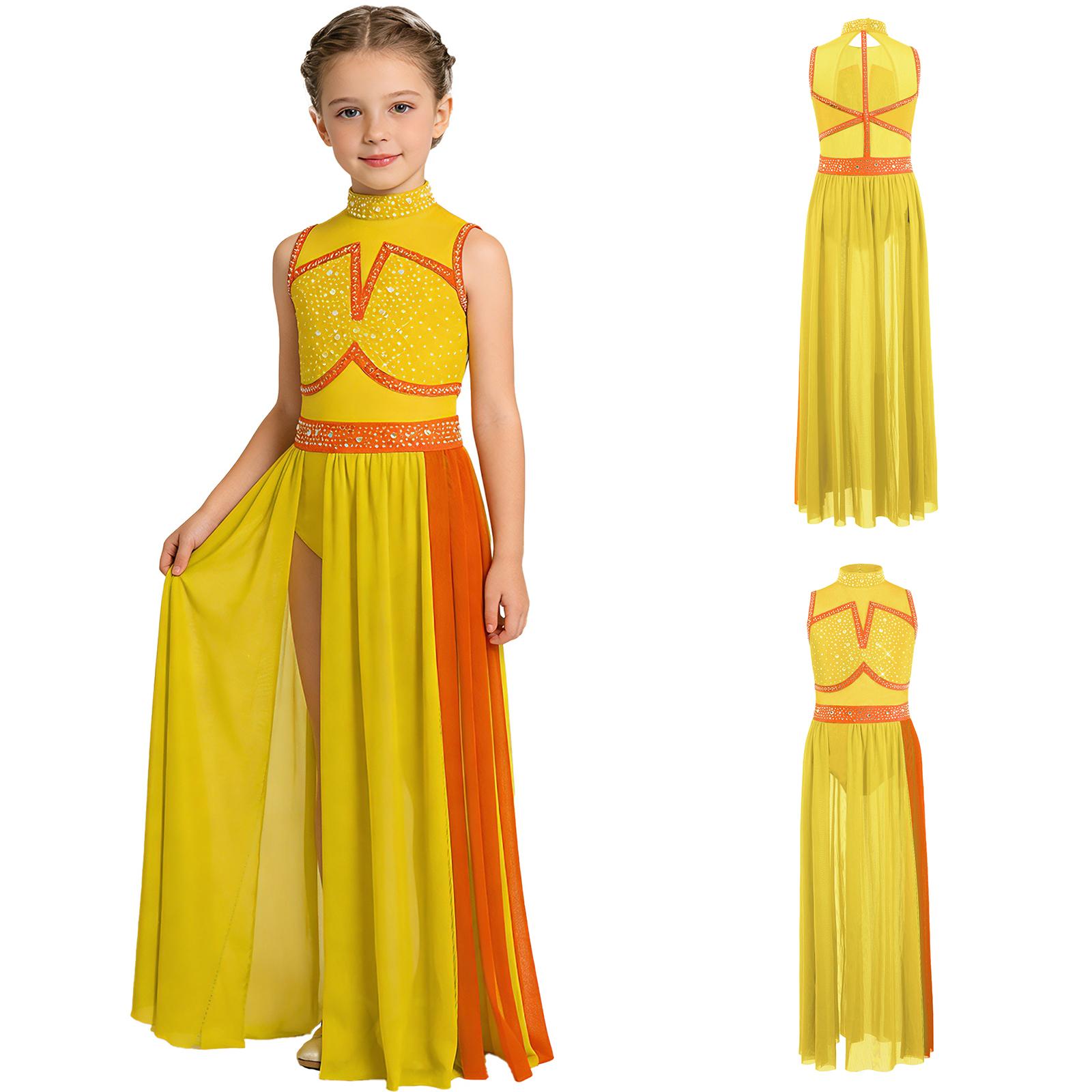 Kinder Glitzer Strass Farbblock Lyrisches Kleid Ärmellos Rückenausschnitt Schlitz Netz Langes Kleid mit angehefteten Shorts für Bühnenauftritt 15-16 Years
