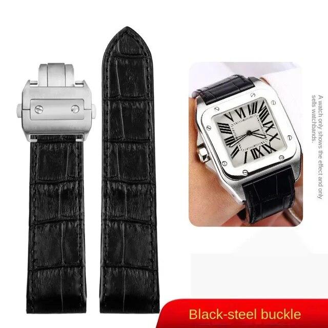 Uhrenarmband für Cartier Santos 100 Uhr 20mm 23mm Herren Damen Hochwertiges Rindslederarmband Faltschließe Echtes Lederarmband Black-silver  20mm